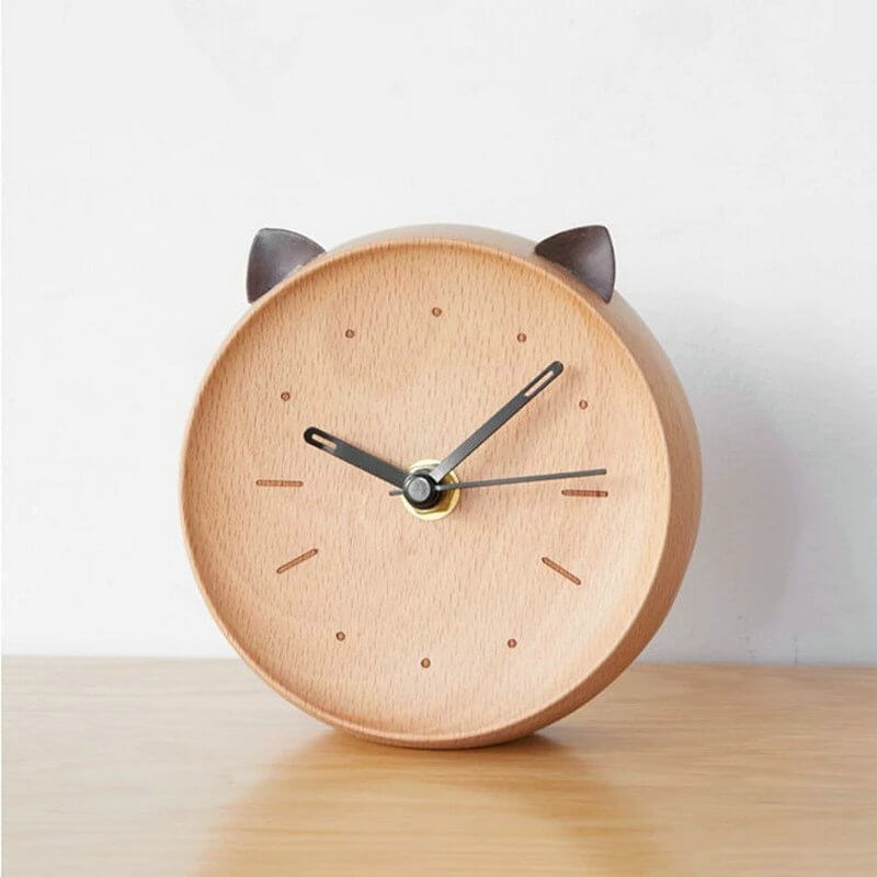 Cat Face Clock Wooden Table Shaped Clocks for Desktop - Warmly Life