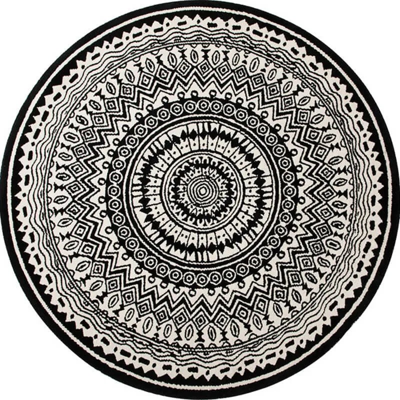 Black Geometric Round Rug Classic Unique Pattern Area Circle Carpets - Warmly Home