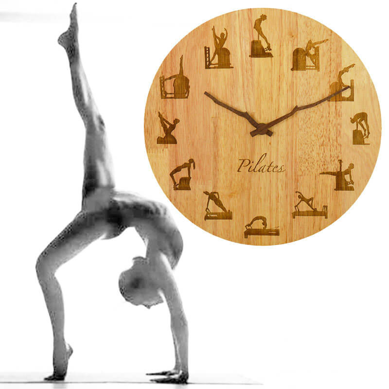 Pilates Clock Yoga Fitness Stretching Wood Round Wall Watch Decor Art Design - Warmly Life