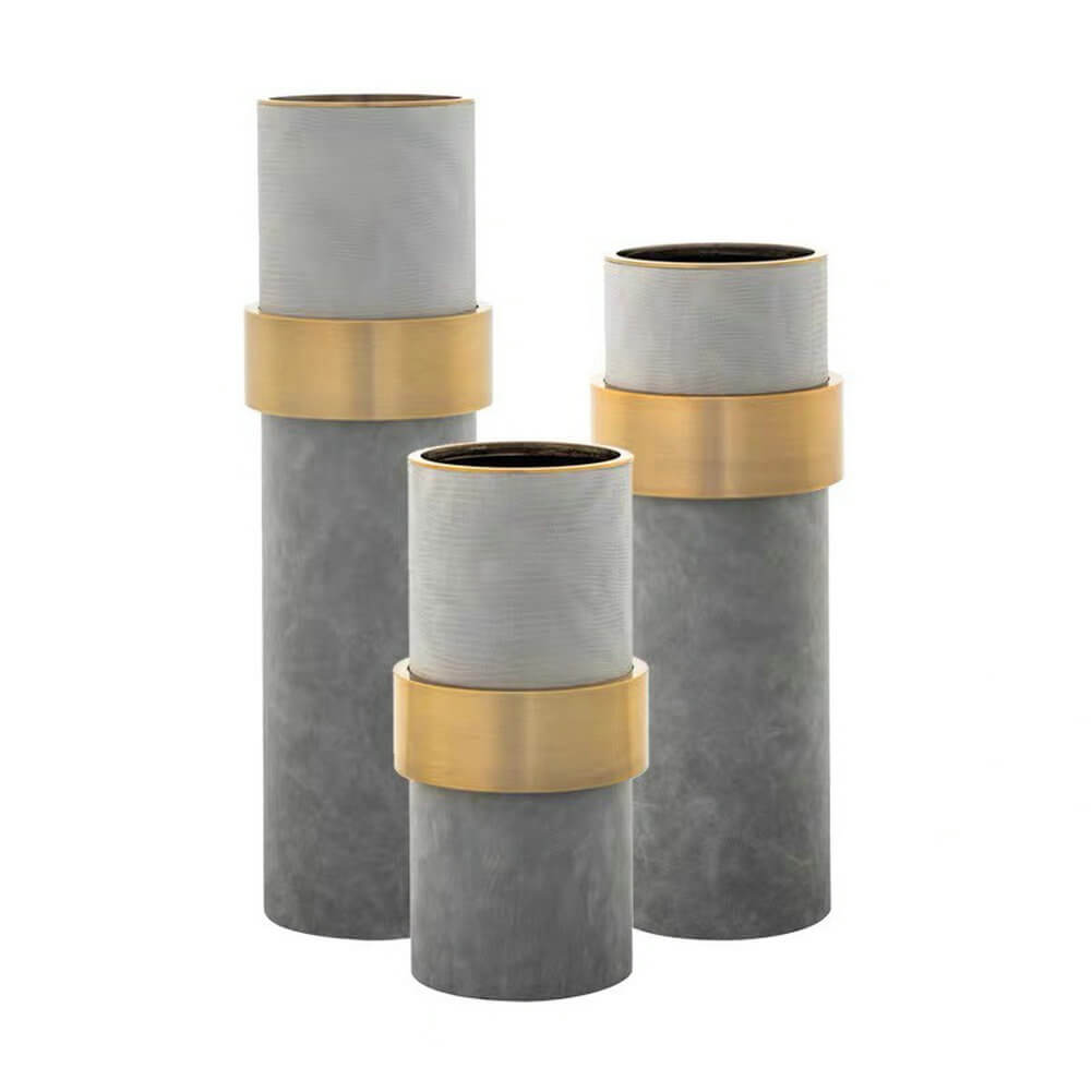 Metal Vase Leather Surface Wood Modern Home Table Desktop Flower Pots - Warmly Design