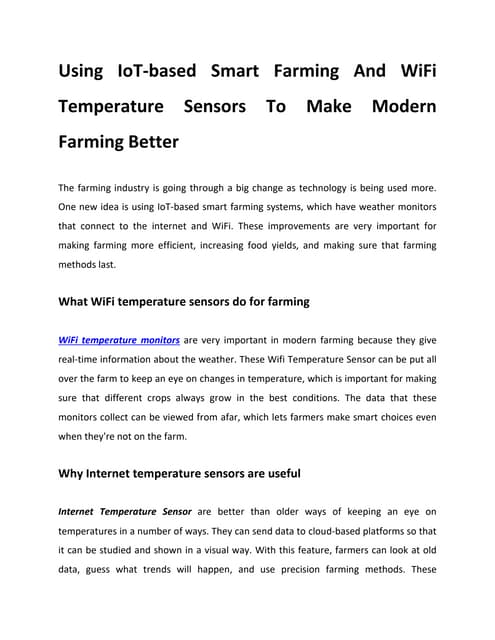 Improving Modern Farming with IoT-Based Smart Farming and WiFi Temperature Sensors