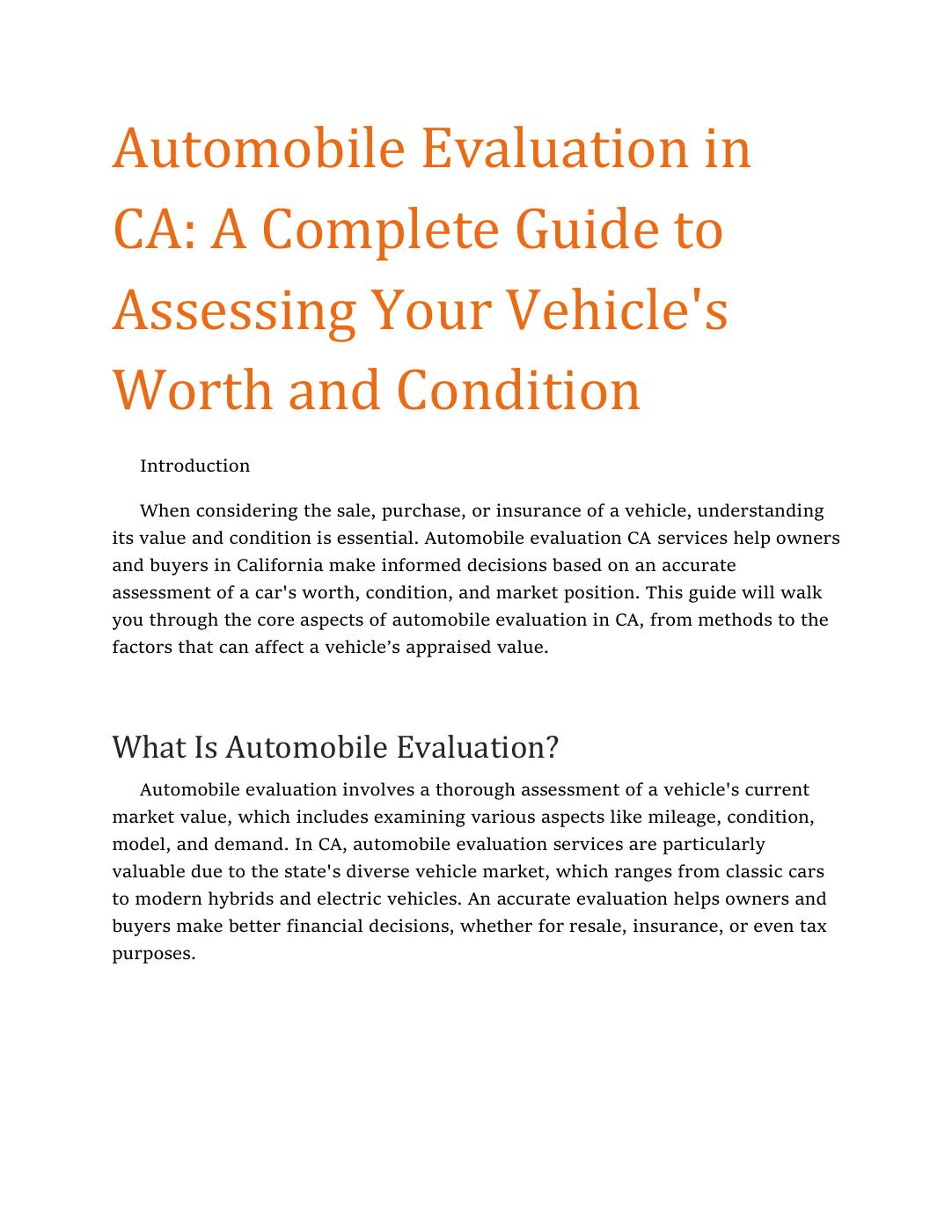 Automobile Evaluation CA – Professional Car Appraisal Services